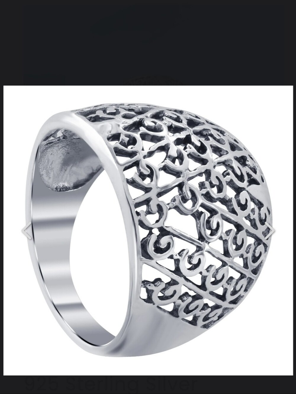 925 Sterling Silver Filigree Swirl Ring High Polished Wide Band